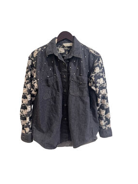 Vintage Cache Floral Embroidered Denim Shirt Jacket S Boho Western Studded USA